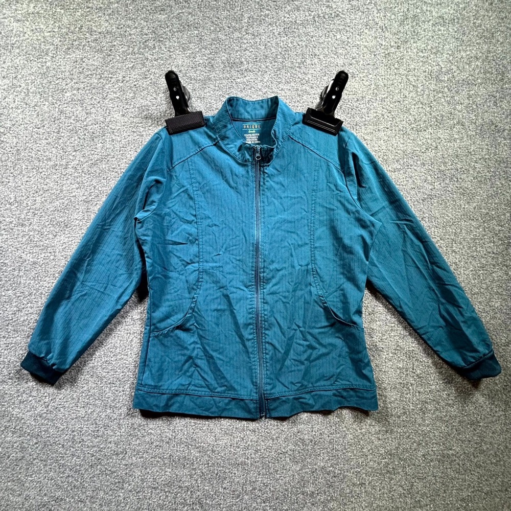 Unique Scrubs Jacket Women's Large 14-16 Teal Blue Medical Mock Neck Full Zip